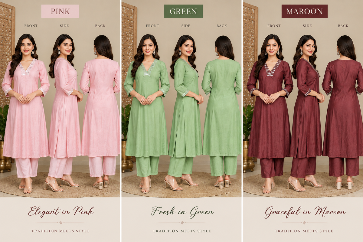PINK BIEGE COLOUR, LIGHT GREEN COLOUR, MAROON COLOUR 2 PEICE CORD SET