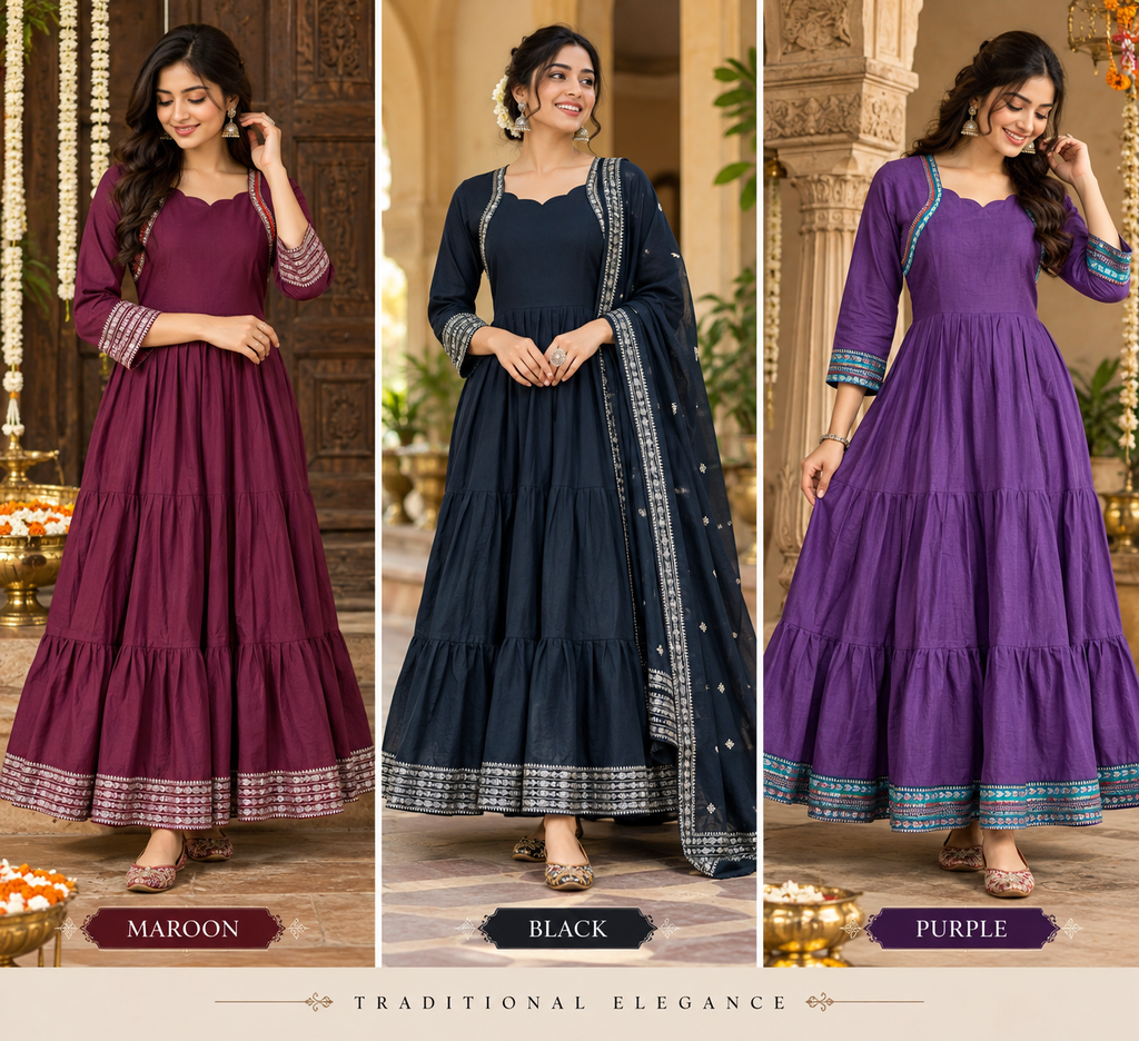 BLACK BROWN AND PURPULE NARAYANPET FROCKS