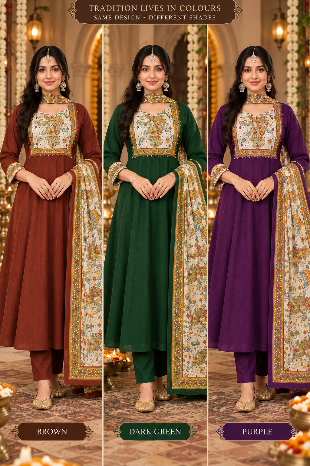ORANGE AND GREEN AND PURPLE COLOUR WITH A MUTICOLOUR DESIGN CHUNNI 3 PIECE STYLISH WEAR