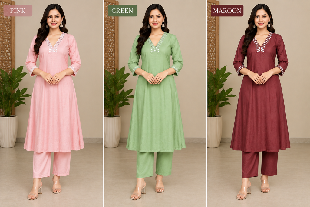 PINK BIEGE COLOUR, LIGHT GREEN COLOUR, MAROON COLOUR 2 PEICE CORD SET