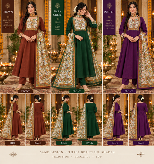 ORANGE AND GREEN AND PURPLE COLOUR WITH A MUTICOLOUR DESIGN CHUNNI 3 PIECE STYLISH WEAR